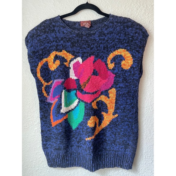 Worthington Sweaters - 80s/90s Vintage Worthington Floral Knit Sweater Blue Ramie Blend Sleeveless Top